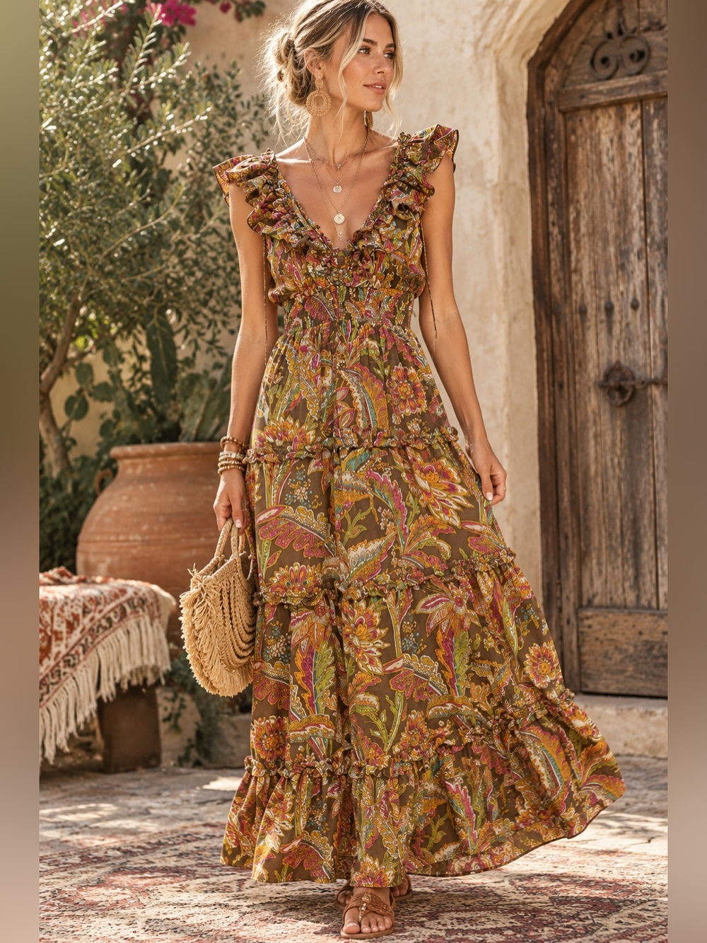 Love The Label Topanga Ruffed V-neck Maxi Dress